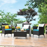 Rattan Patio Conversation Furniture Set with Glass Table and Comfortable Sofa - 4 Pcs