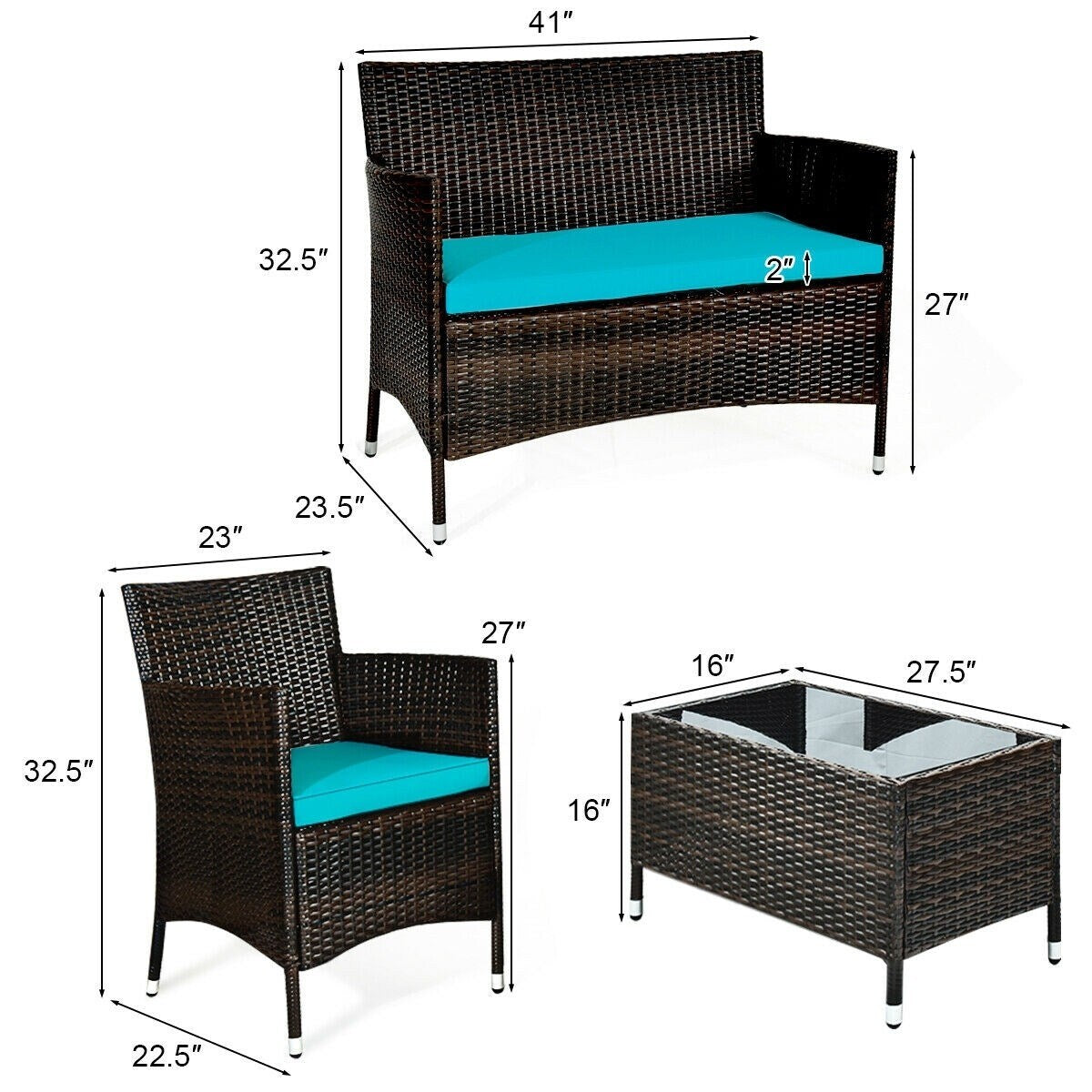 Rattan Patio Conversation Furniture Set with Glass Table and Comfortable Sofa - 4 Pcs