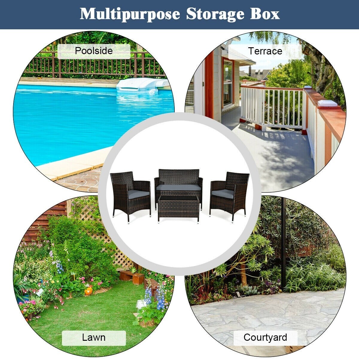 Rattan Patio Conversation Furniture Set with Glass Table and Comfortable Sofa - 4 Pcs