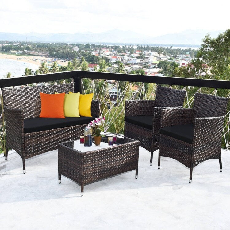 Rattan Patio Conversation Furniture Set with Glass Table and Comfortable Sofa - 4 Pcs