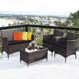 Rattan Patio Conversation Furniture Set with Glass Table and Comfortable Sofa - 4 Pcs