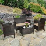 Rattan Patio Conversation Furniture Set with Glass Table and Comfortable Sofa - 4 Pcs