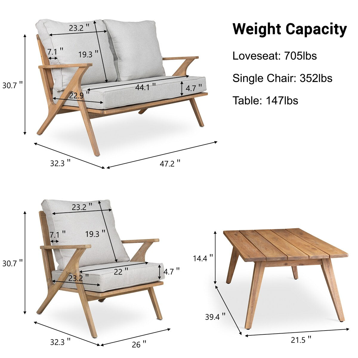 4-Piece Acacia Wood Outdoor Patio Conversation Set with Coffee Table, Grey Cushions & Back Pillow