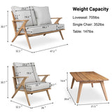 4-Piece Acacia Wood Outdoor Patio Conversation Set with Coffee Table, Grey Cushions & Back Pillow