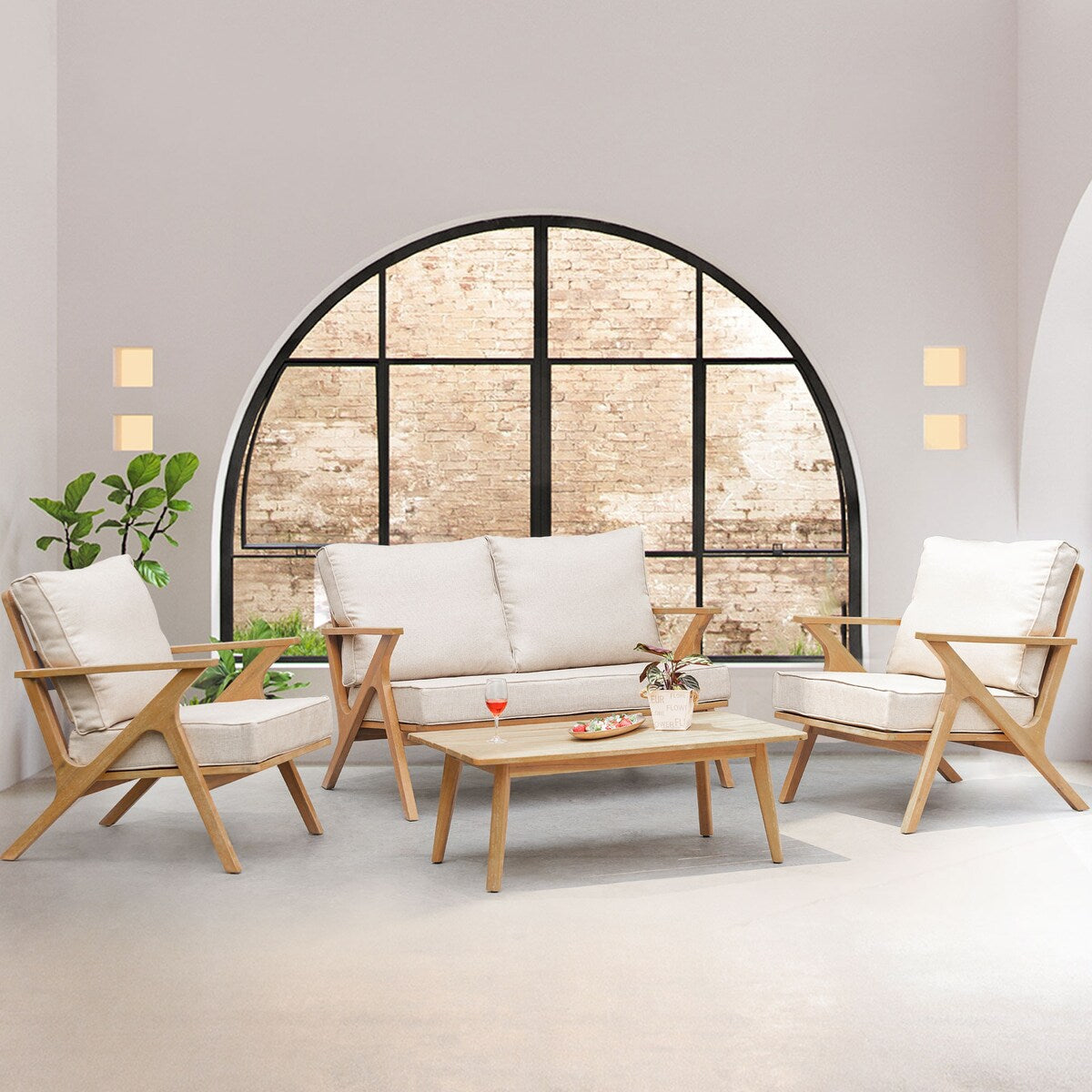 4-Piece Acacia Wood Outdoor Patio Conversation Set with Coffee Table, Grey Cushions & Back Pillow