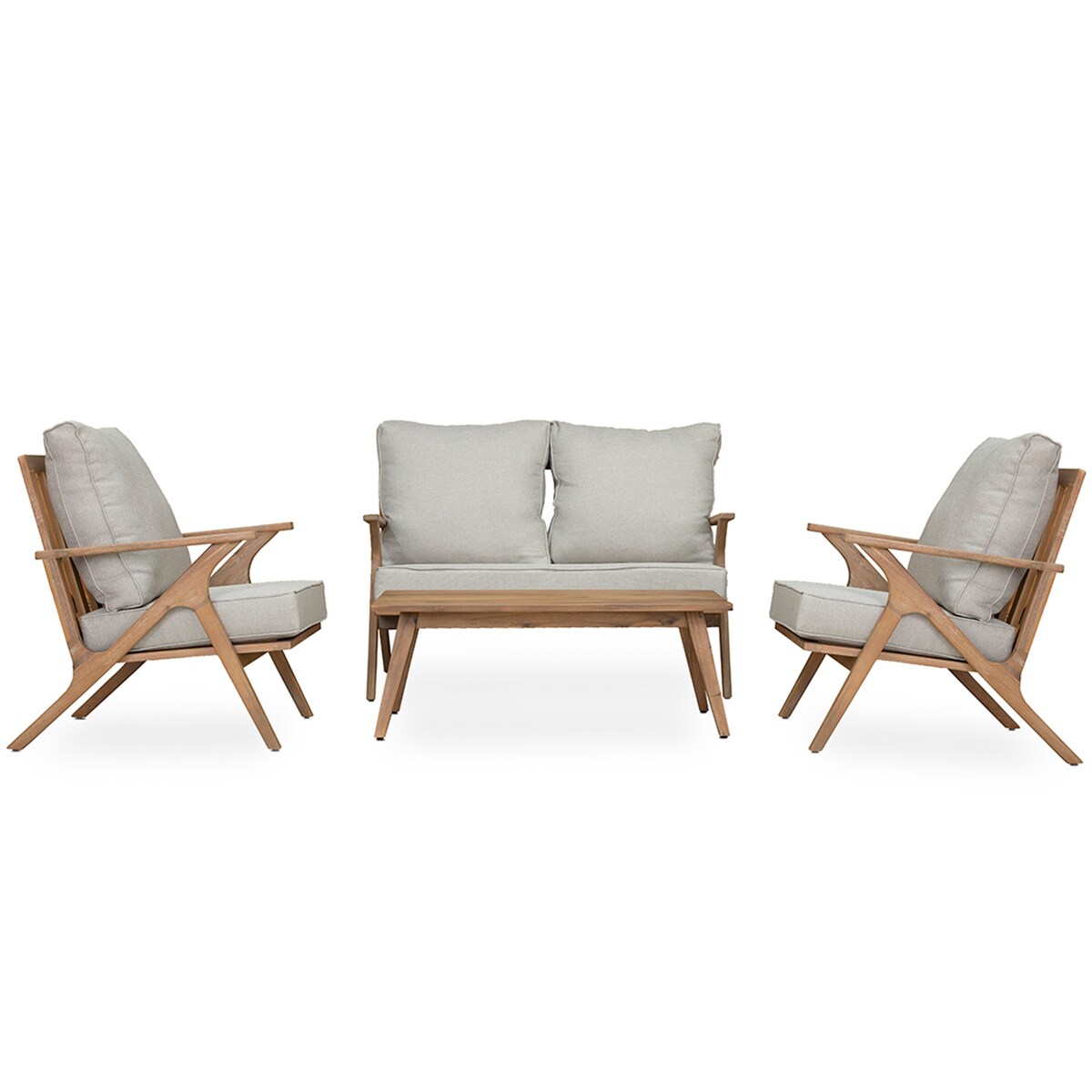 4-Piece Acacia Wood Outdoor Patio Conversation Set with Coffee Table, Grey Cushions & Back Pillow