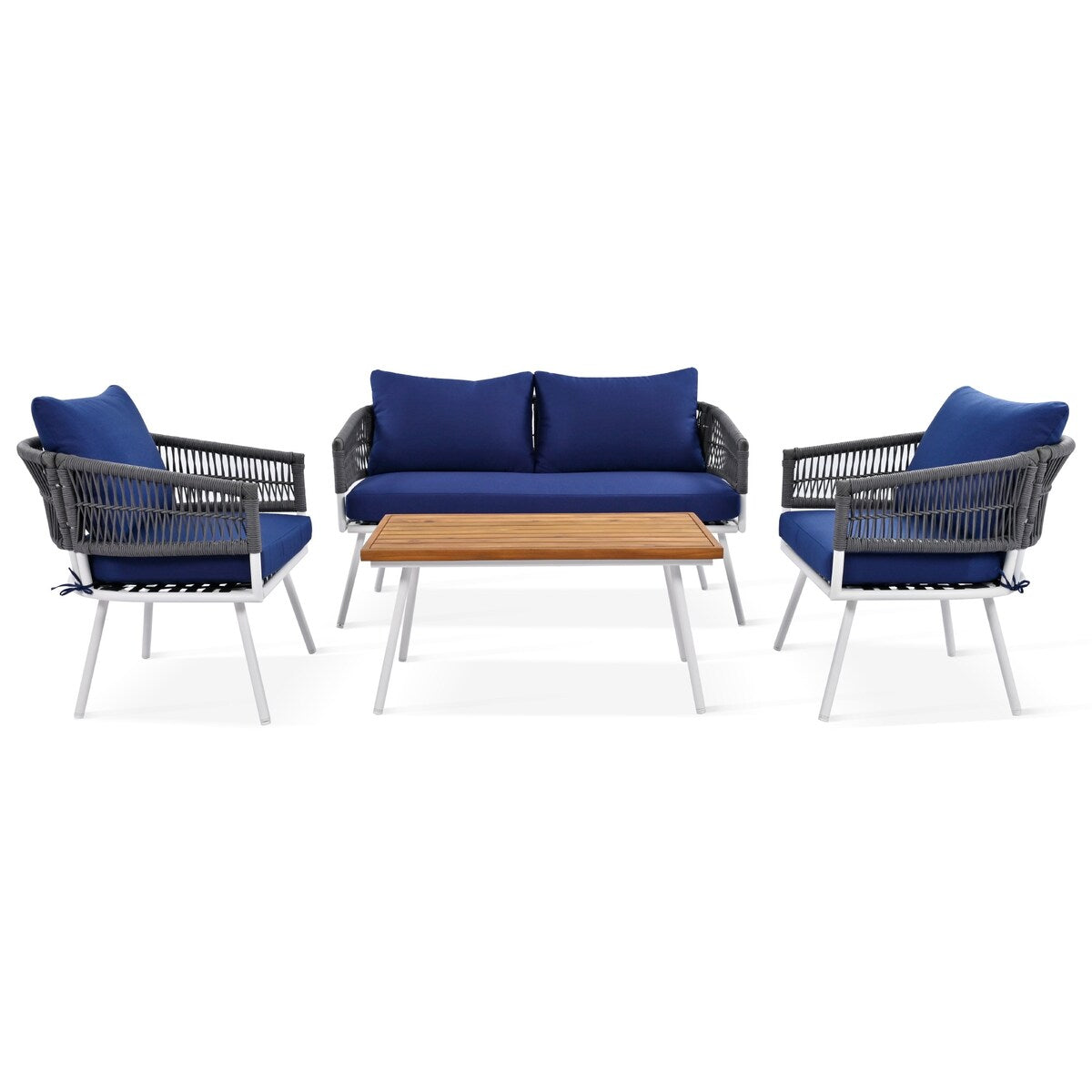 4-Piece Boho Sling Patio Conversation Set Outdoor Seating Set with Gray Cushions and Acacia Wood Coffee Table