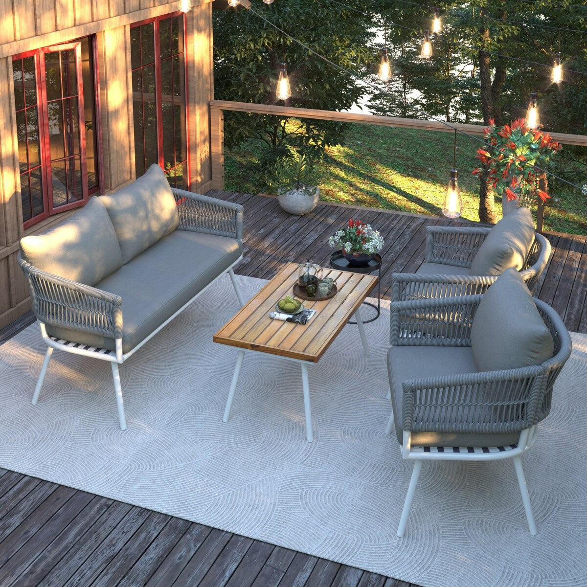 4-Piece Boho Sling Patio Conversation Set Outdoor Seating Set with Gray Cushions and Acacia Wood Coffee Table