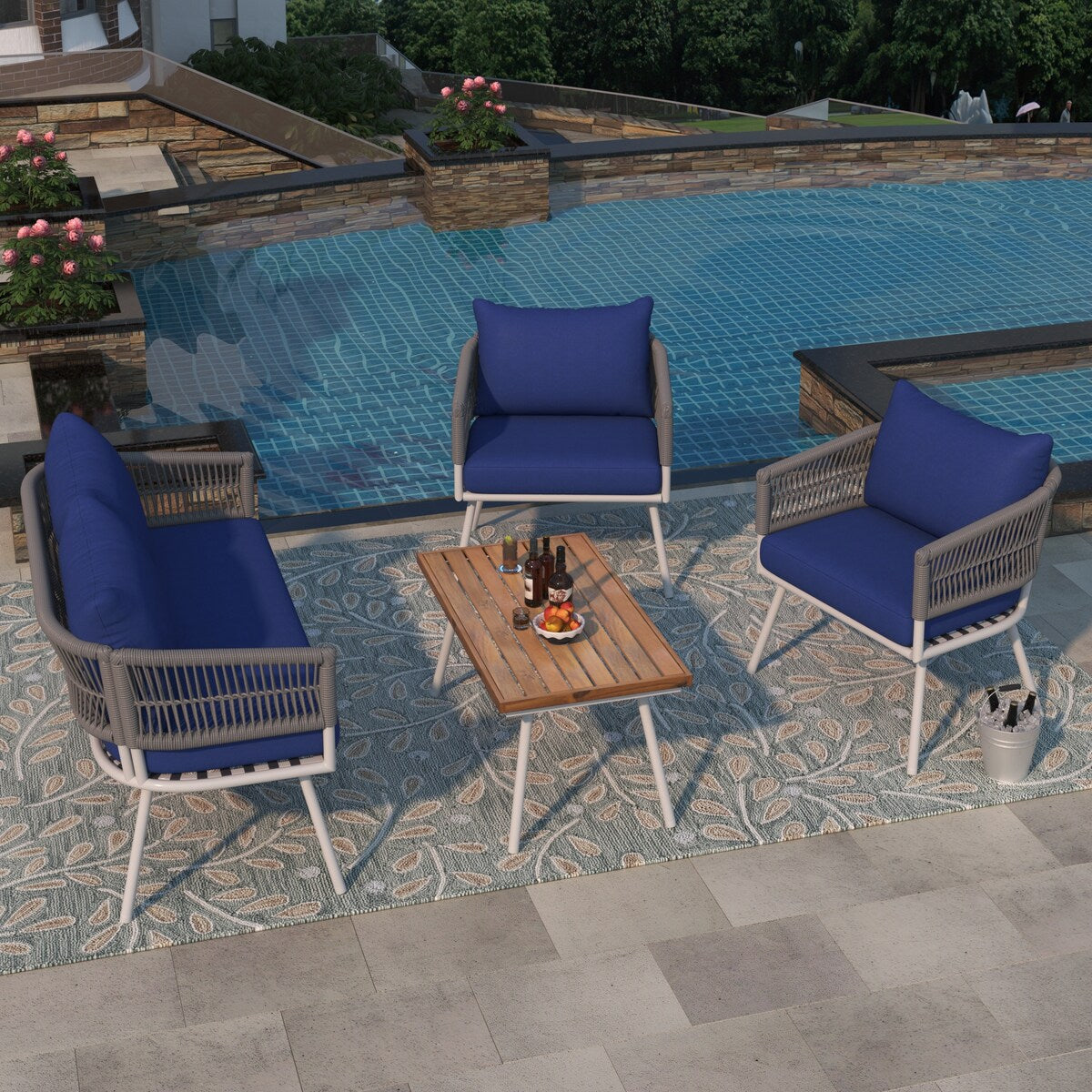 4-Piece Boho Sling Patio Conversation Set Outdoor Seating Set with Gray Cushions and Acacia Wood Coffee Table