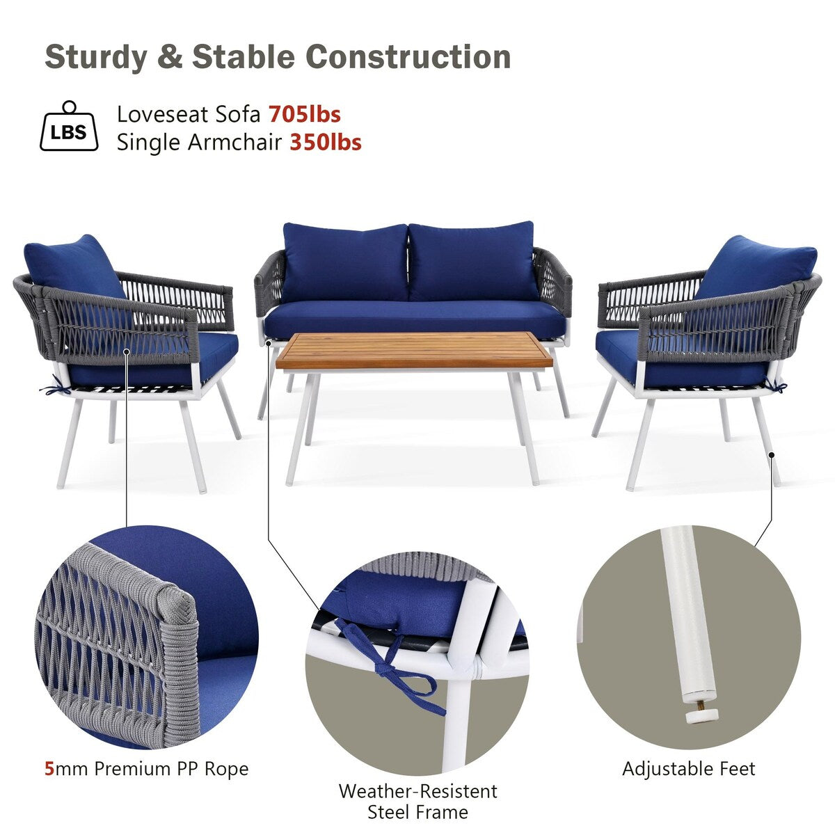 4-Piece Boho Sling Patio Conversation Set Outdoor Seating Set with Gray Cushions and Acacia Wood Coffee Table