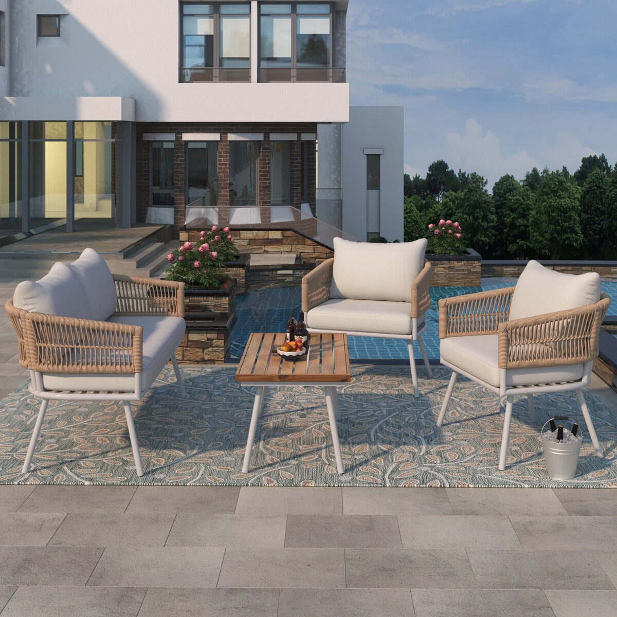 4-Piece Boho Sling Patio Conversation Set Outdoor Seating Set with Gray Cushions and Acacia Wood Coffee Table