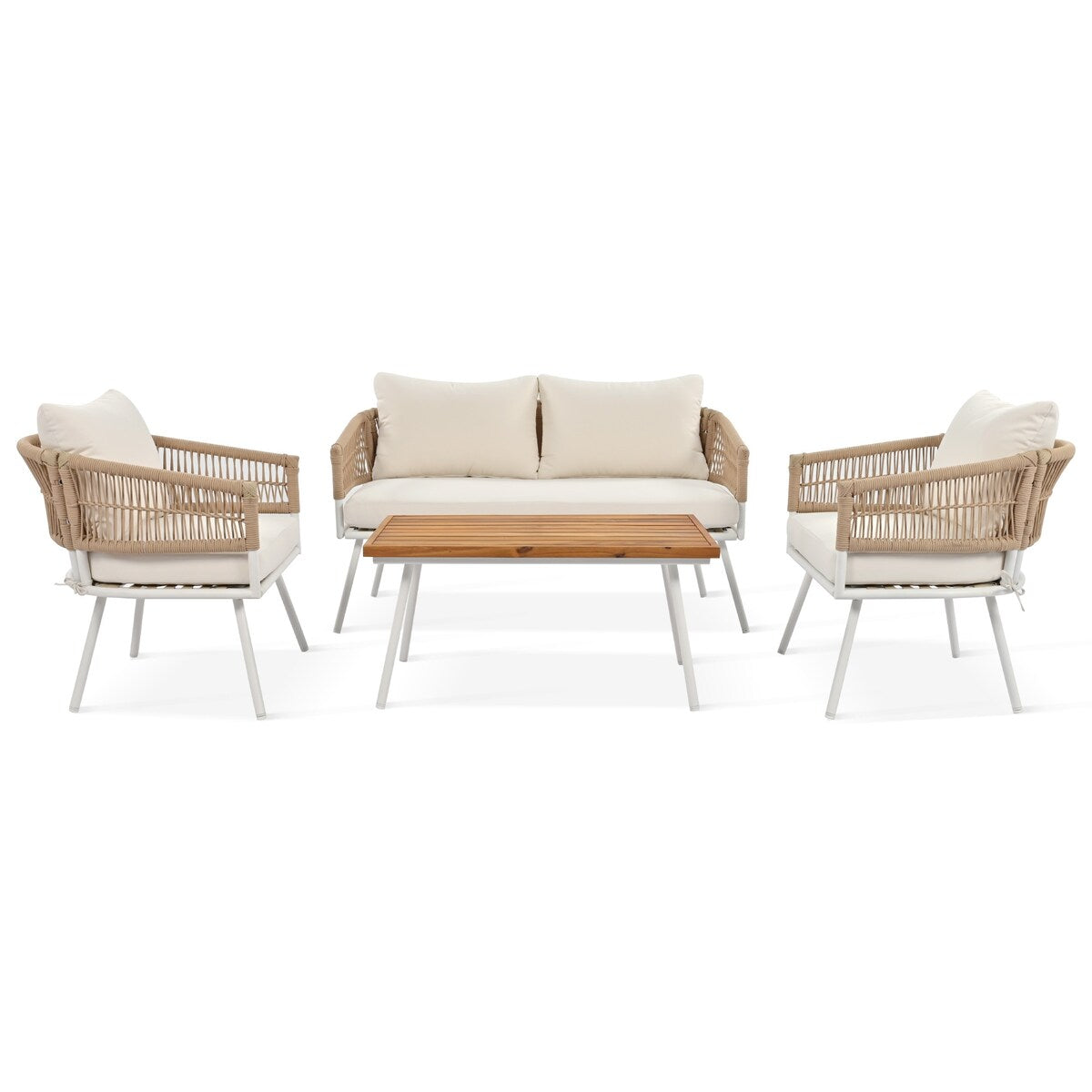 4-Piece Boho Sling Patio Conversation Set Outdoor Seating Set with Gray Cushions and Acacia Wood Coffee Table