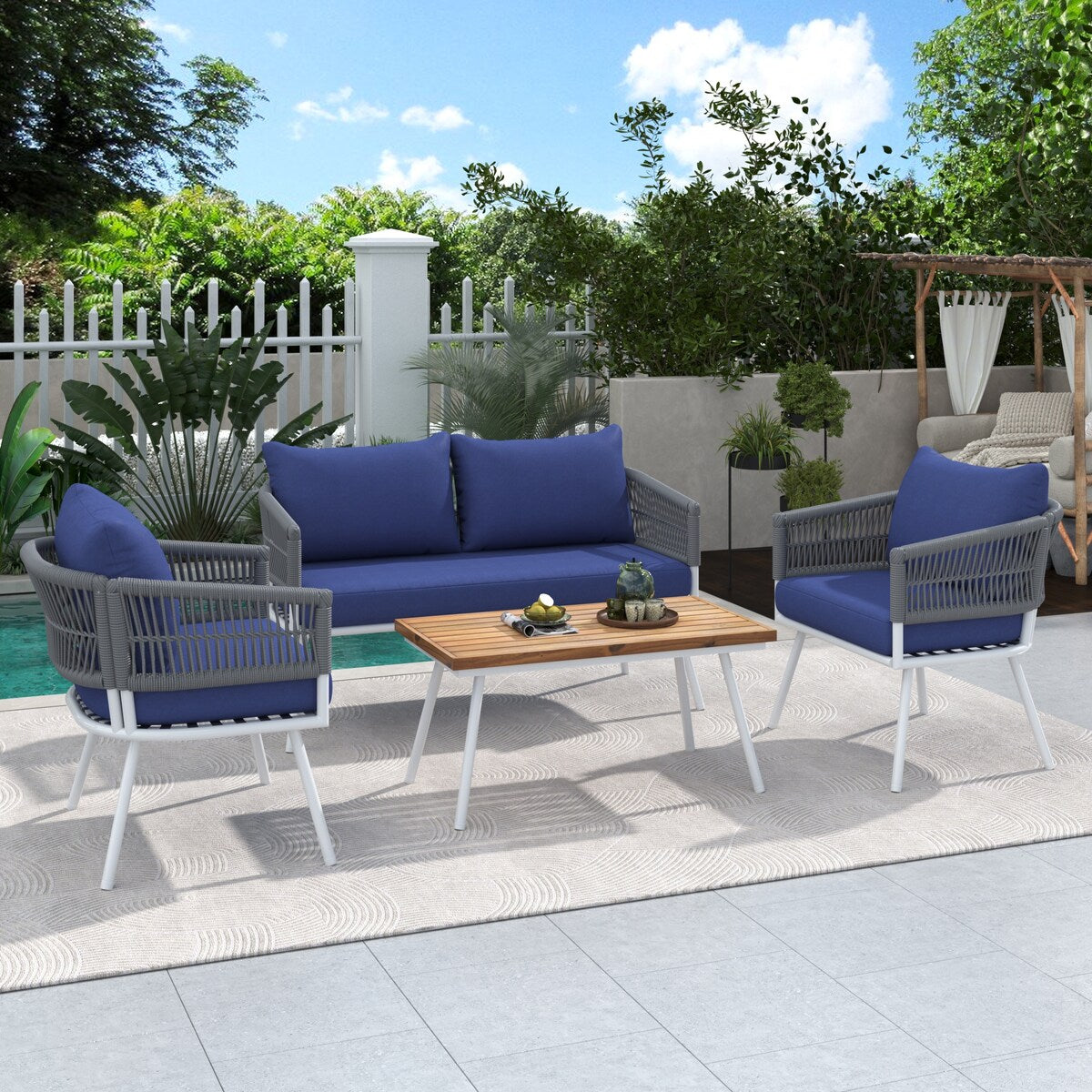 4-Piece Boho Sling Patio Conversation Set Outdoor Seating Set with Gray Cushions and Acacia Wood Coffee Table