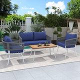 4-Piece Boho Sling Patio Conversation Set Outdoor Seating Set with Gray Cushions and Acacia Wood Coffee Table