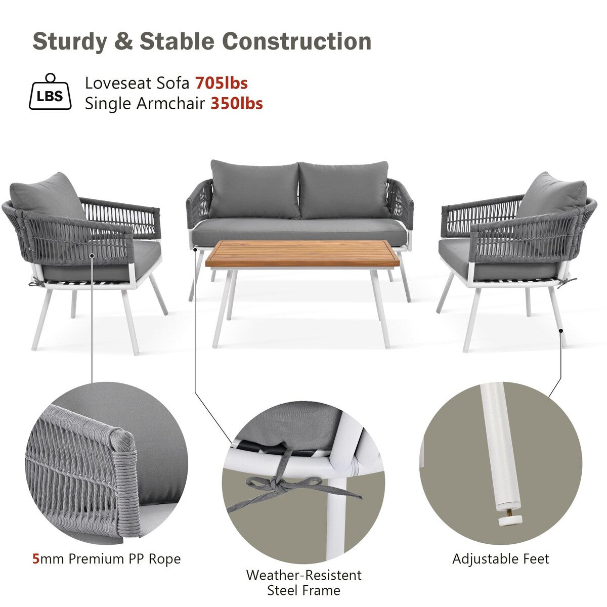 4-Piece Boho Sling Patio Conversation Set Outdoor Seating Set with Gray Cushions and Acacia Wood Coffee Table