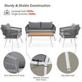4-Piece Boho Sling Patio Conversation Set Outdoor Seating Set with Gray Cushions and Acacia Wood Coffee Table