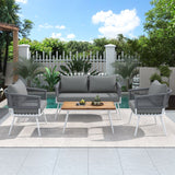4-Piece Boho Sling Patio Conversation Set Outdoor Seating Set with Gray Cushions and Acacia Wood Coffee Table