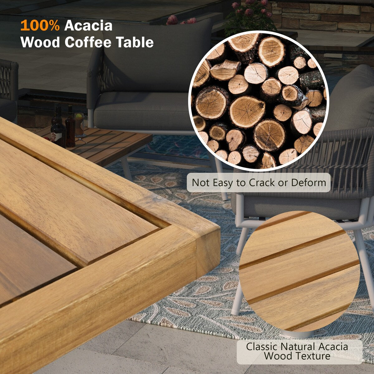 4-Piece Boho Sling Patio Conversation Set Outdoor Seating Set with Gray Cushions and Acacia Wood Coffee Table