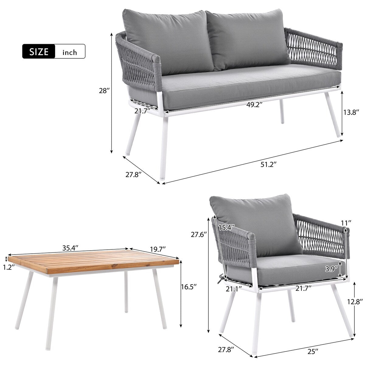 4-Piece Boho Sling Patio Conversation Set Outdoor Seating Set with Gray Cushions and Acacia Wood Coffee Table