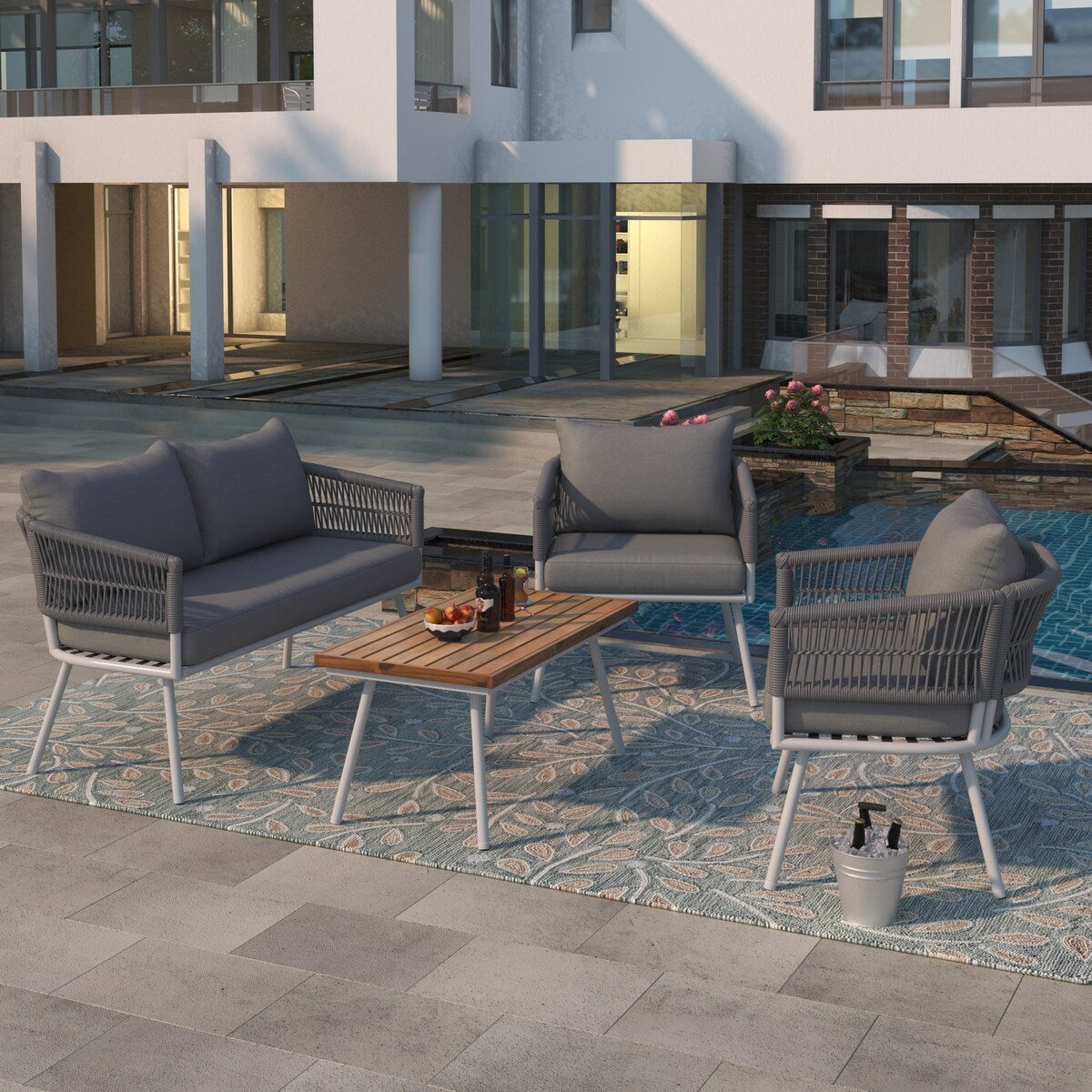 4-Piece Boho Sling Patio Conversation Set Outdoor Seating Set with Gray Cushions and Acacia Wood Coffee Table