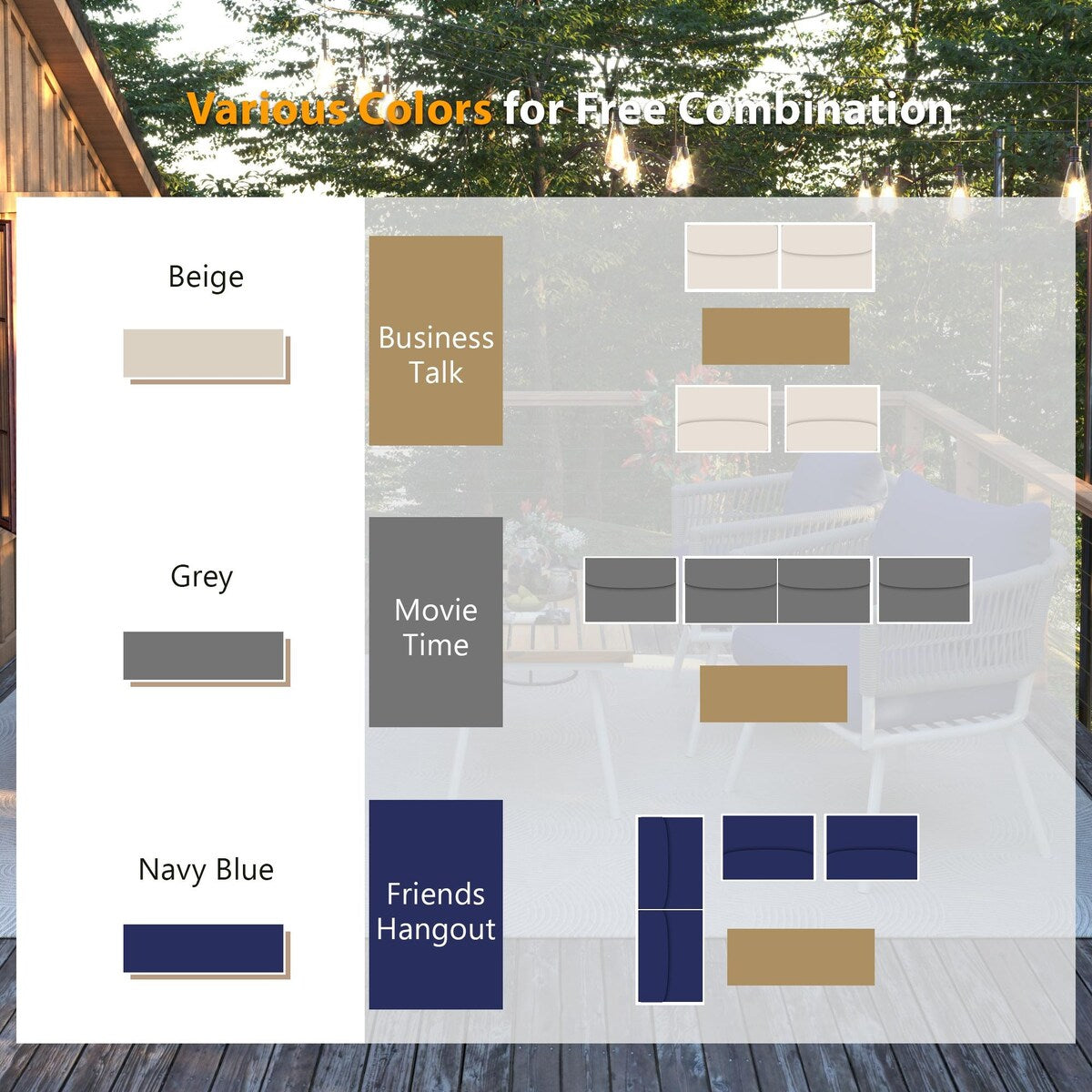 4-Piece Boho Sling Patio Conversation Set Outdoor Seating Set with Gray Cushions and Acacia Wood Coffee Table