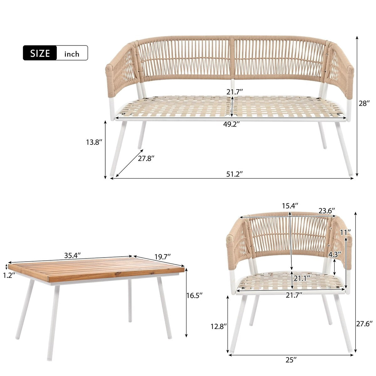 4-Piece Boho Sling Patio Conversation Set Outdoor Seating Set with Gray Cushions and Acacia Wood Coffee Table