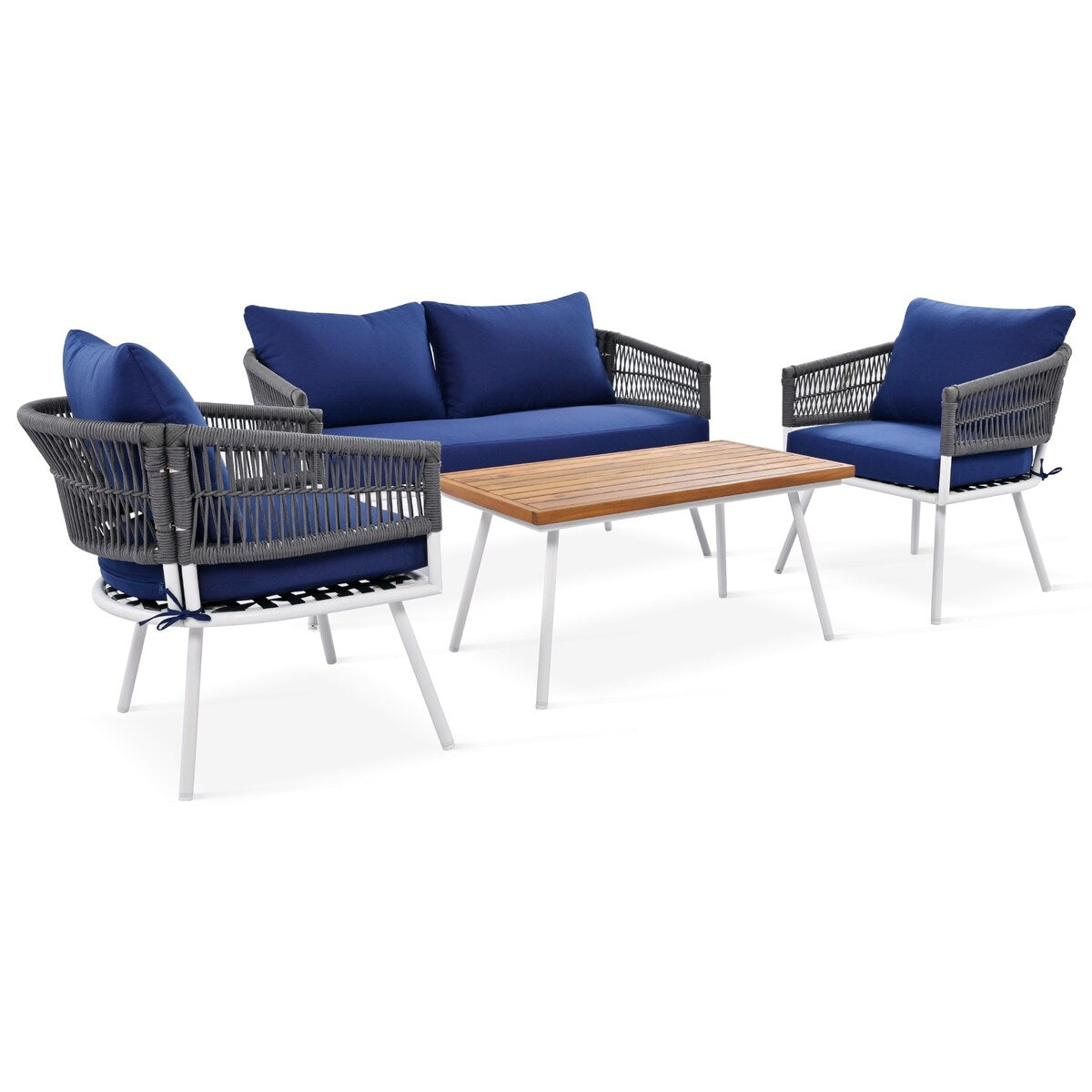 4-Piece Boho Sling Patio Conversation Set Outdoor Seating Set with Gray Cushions and Acacia Wood Coffee Table