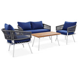 4-Piece Boho Sling Patio Conversation Set Outdoor Seating Set with Gray Cushions and Acacia Wood Coffee Table