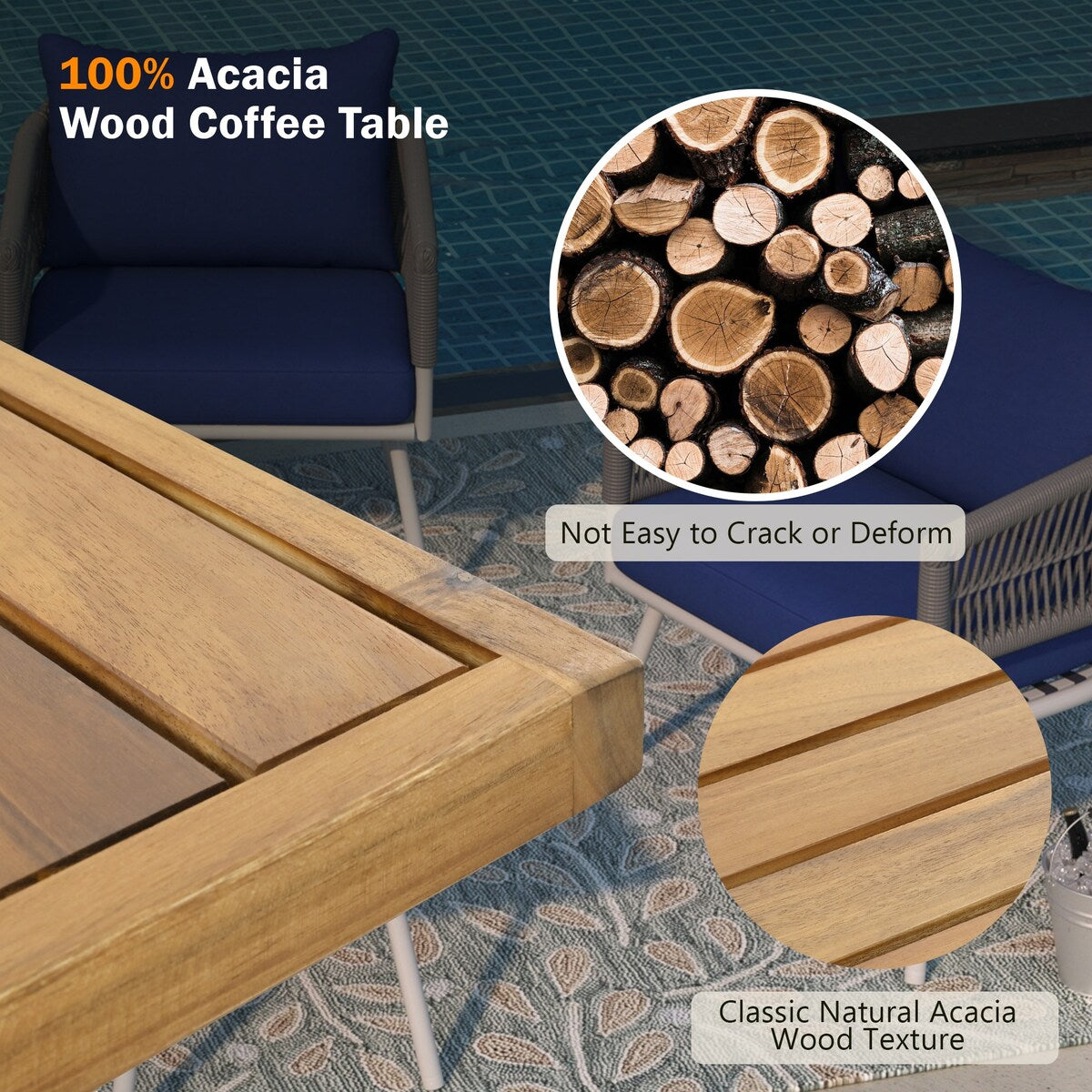 4-Piece Boho Sling Patio Conversation Set Outdoor Seating Set with Gray Cushions and Acacia Wood Coffee Table