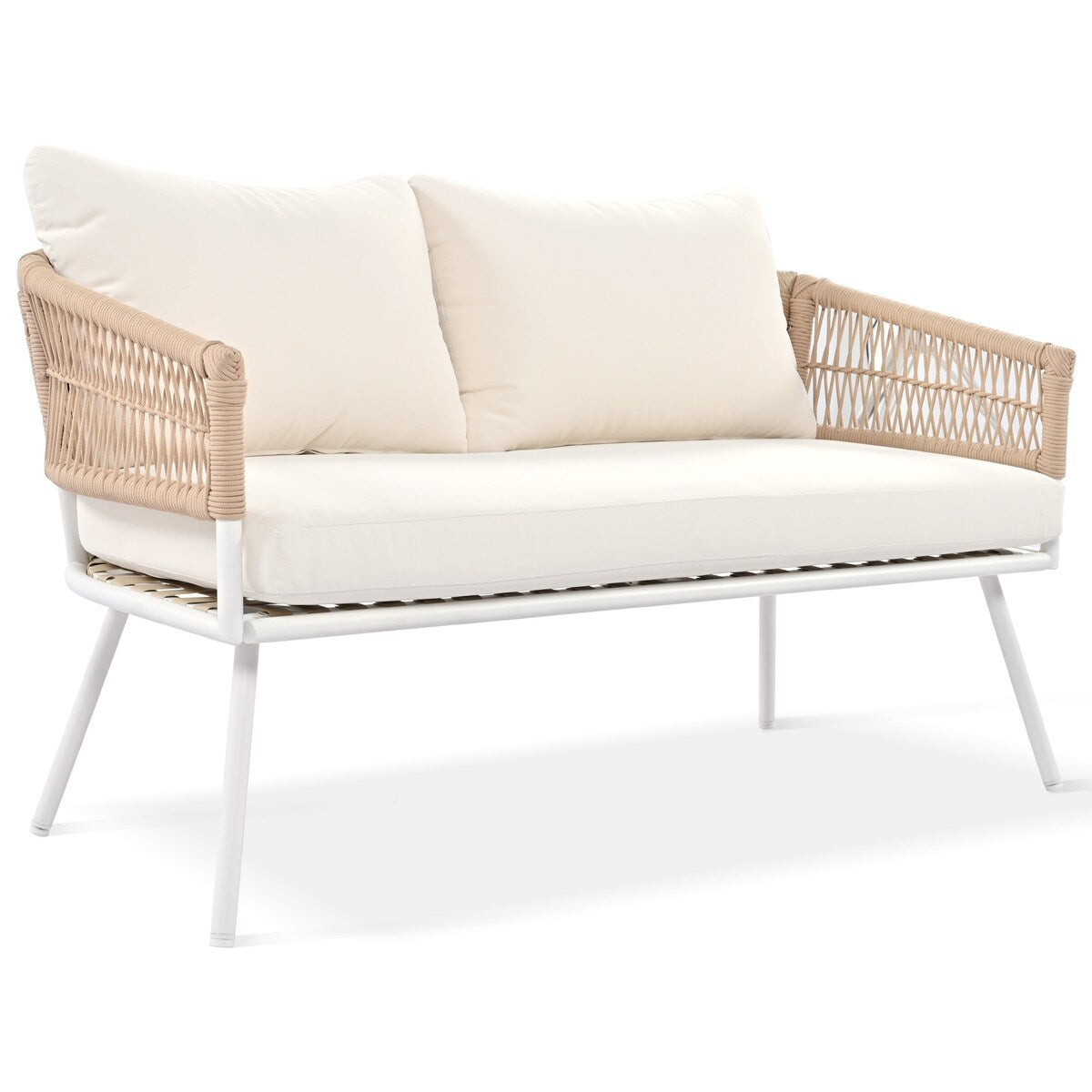 4-Piece Boho Sling Patio Conversation Set Outdoor Seating Set with Gray Cushions and Acacia Wood Coffee Table
