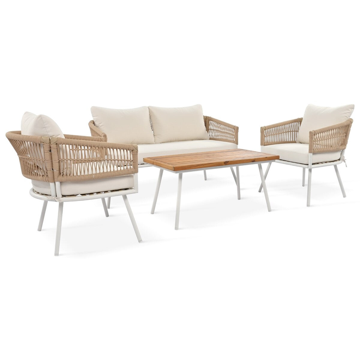 4-Piece Boho Sling Patio Conversation Set Outdoor Seating Set with Gray Cushions and Acacia Wood Coffee Table