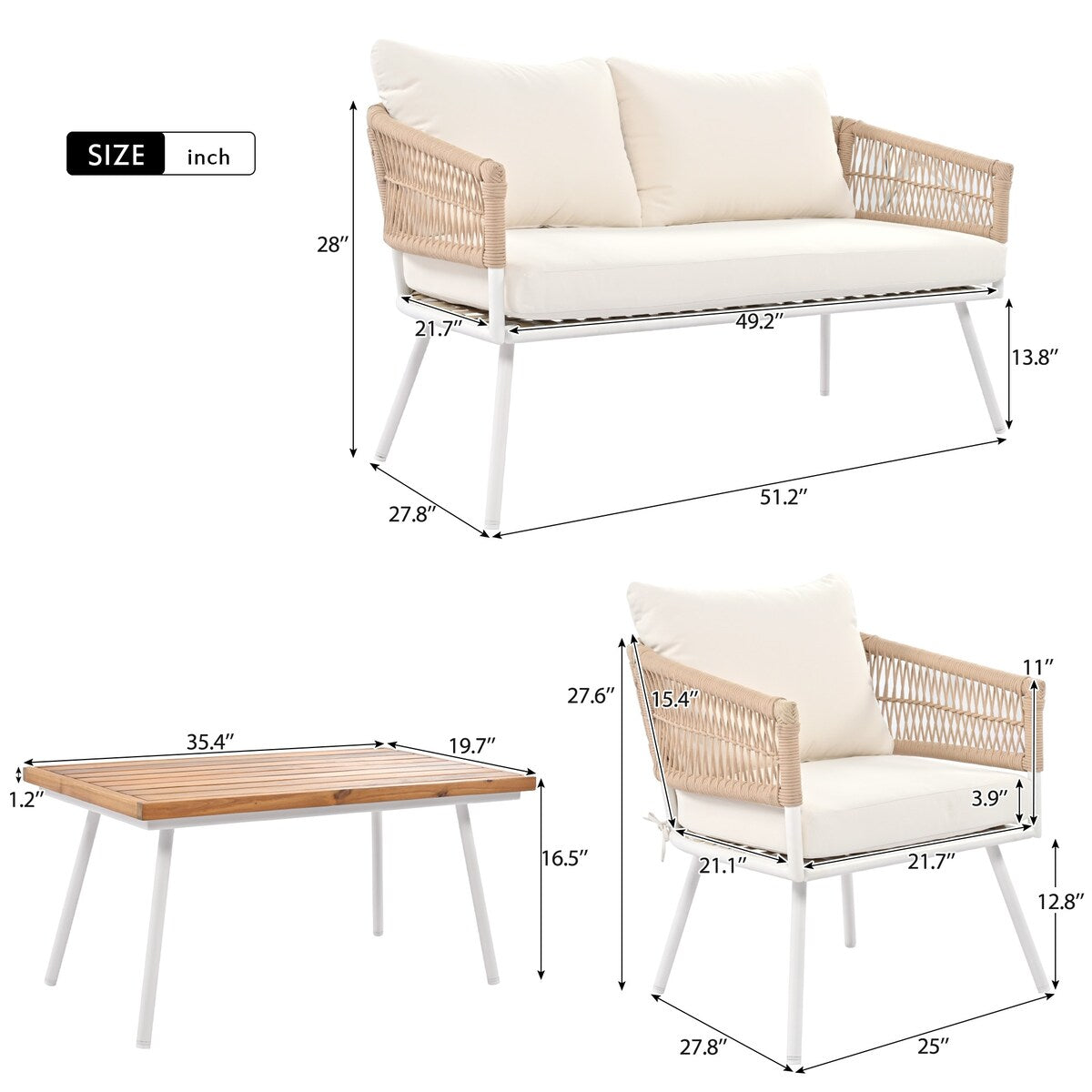 4-Piece Boho Sling Patio Conversation Set Outdoor Seating Set with Gray Cushions and Acacia Wood Coffee Table