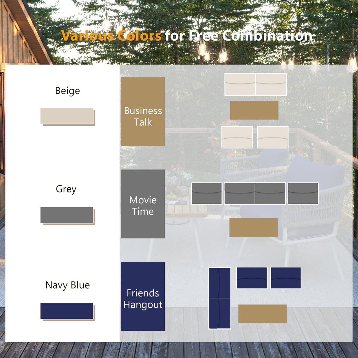 4-Piece Boho Sling Patio Conversation Set Outdoor Seating Set with Gray Cushions and Acacia Wood Coffee Table