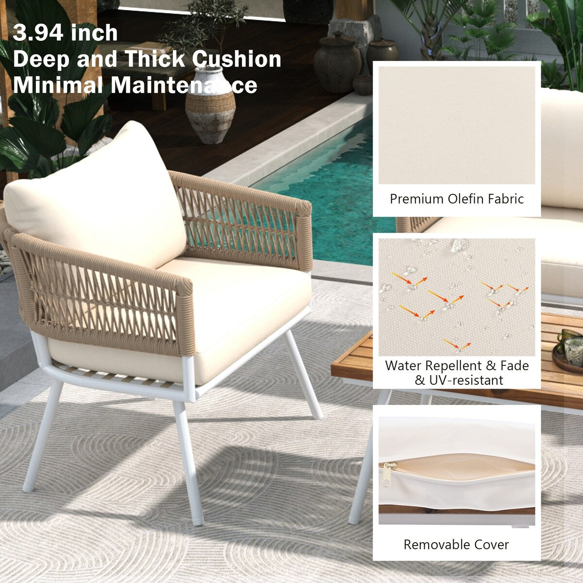 4-Piece Boho Sling Patio Conversation Set Outdoor Seating Set with Gray Cushions and Acacia Wood Coffee Table