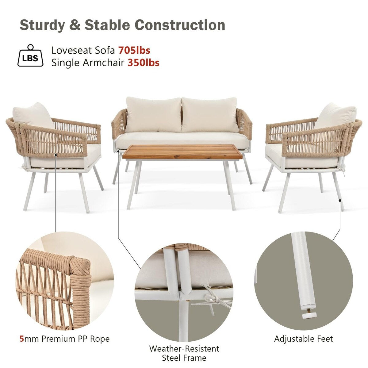 4-Piece Boho Sling Patio Conversation Set Outdoor Seating Set with Gray Cushions and Acacia Wood Coffee Table