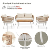 4-Piece Boho Sling Patio Conversation Set Outdoor Seating Set with Gray Cushions and Acacia Wood Coffee Table
