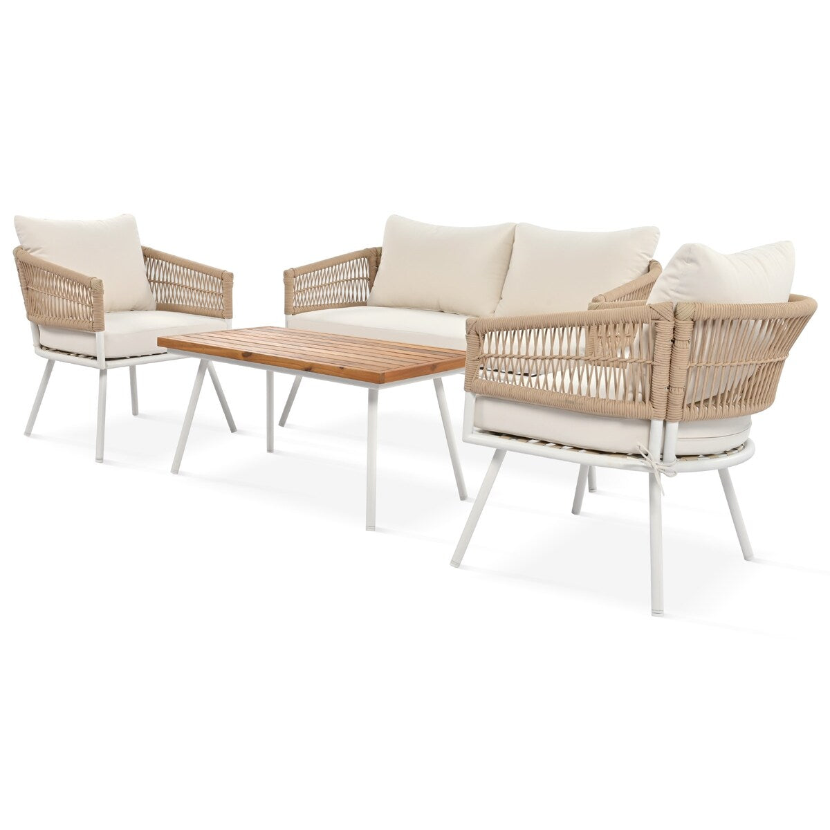 4-Piece Boho Sling Patio Conversation Set Outdoor Seating Set with Gray Cushions and Acacia Wood Coffee Table