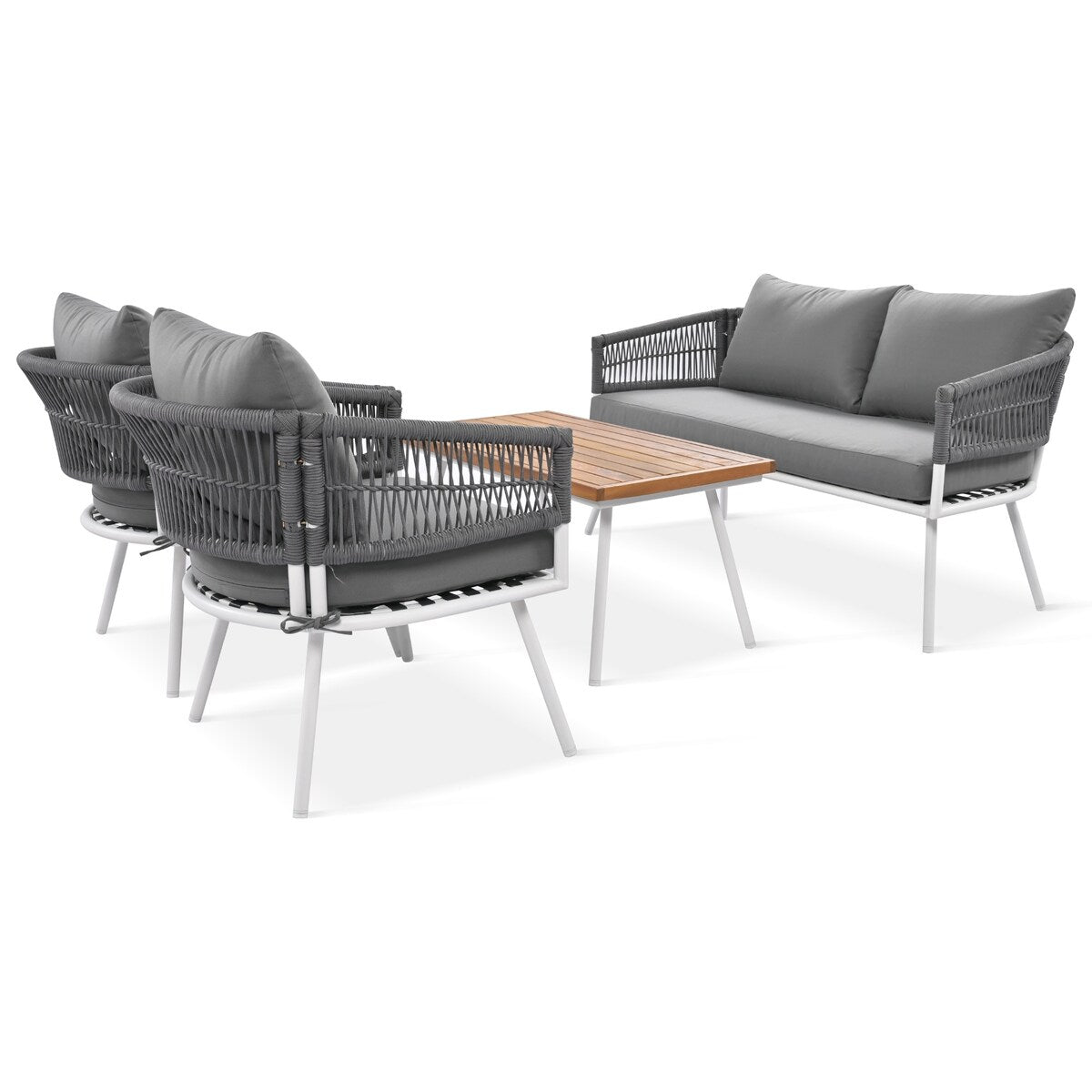 4-Piece Boho Sling Patio Conversation Set Outdoor Seating Set with Gray Cushions and Acacia Wood Coffee Table