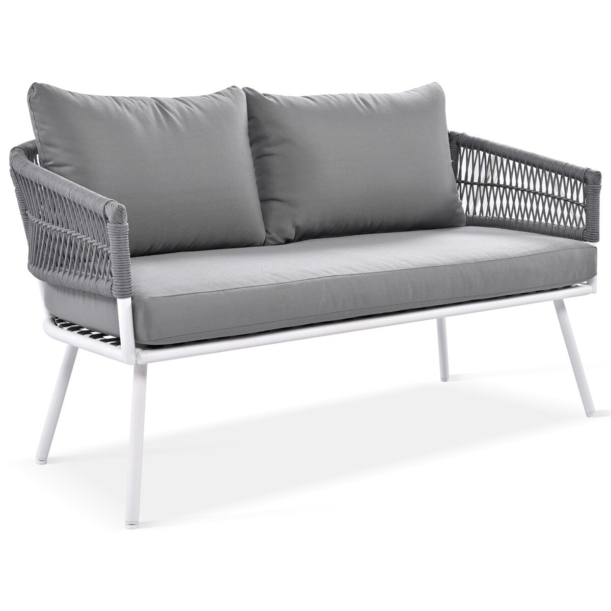 4-Piece Boho Sling Patio Conversation Set Outdoor Seating Set with Gray Cushions and Acacia Wood Coffee Table