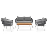 4-Piece Boho Sling Patio Conversation Set Outdoor Seating Set with Gray Cushions and Acacia Wood Coffee Table