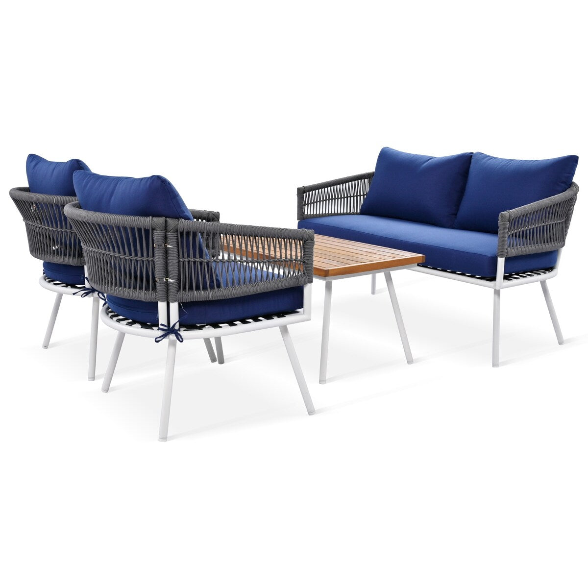 4-Piece Boho Sling Patio Conversation Set Outdoor Seating Set with Gray Cushions and Acacia Wood Coffee Table