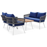 4-Piece Boho Sling Patio Conversation Set Outdoor Seating Set with Gray Cushions and Acacia Wood Coffee Table