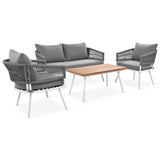 4-Piece Boho Sling Patio Conversation Set Outdoor Seating Set with Gray Cushions and Acacia Wood Coffee Table