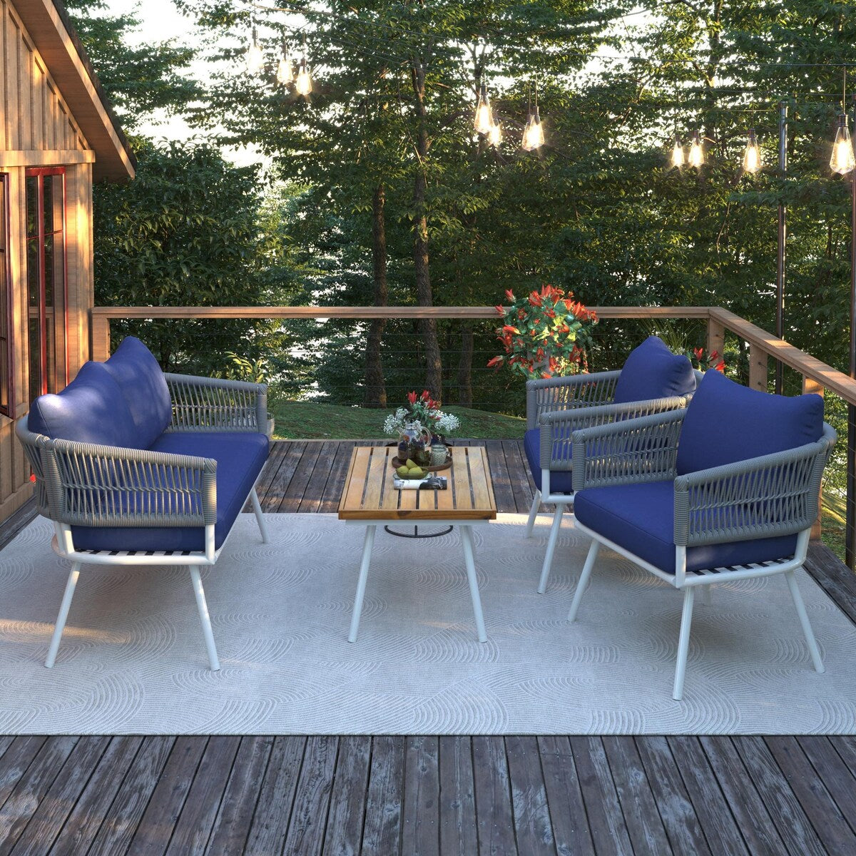 4-Piece Boho Sling Patio Conversation Set Outdoor Seating Set with Gray Cushions and Acacia Wood Coffee Table