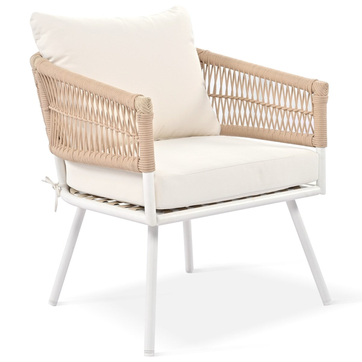 4-Piece Boho Sling Patio Conversation Set Outdoor Seating Set with Gray Cushions and Acacia Wood Coffee Table