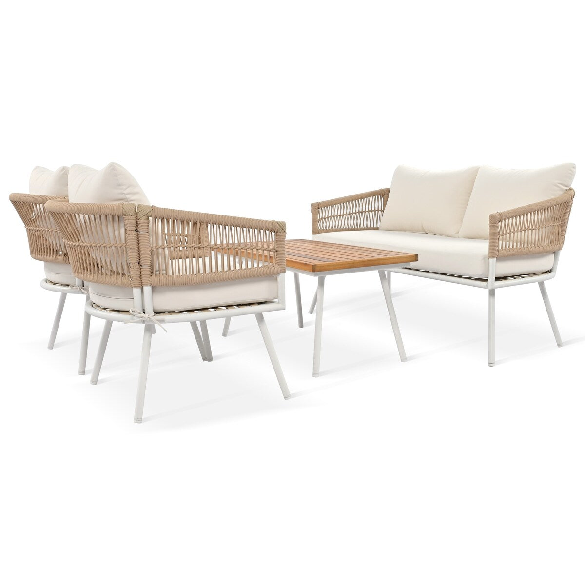 4-Piece Boho Sling Patio Conversation Set Outdoor Seating Set with Gray Cushions and Acacia Wood Coffee Table