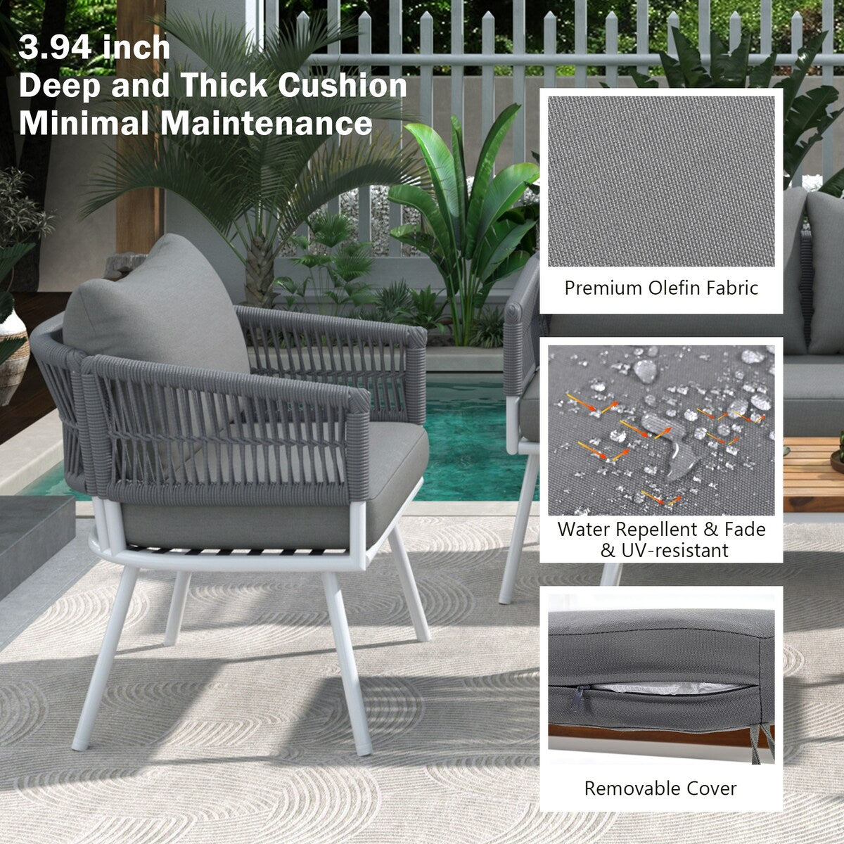 4-Piece Boho Sling Patio Conversation Set Outdoor Seating Set with Gray Cushions and Acacia Wood Coffee Table