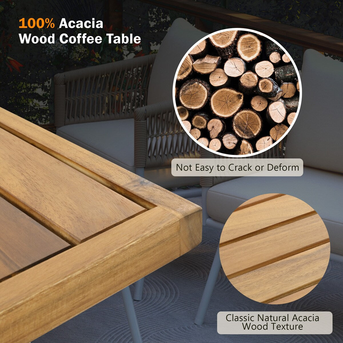 4-Piece Boho Sling Patio Conversation Set Outdoor Seating Set with Gray Cushions and Acacia Wood Coffee Table