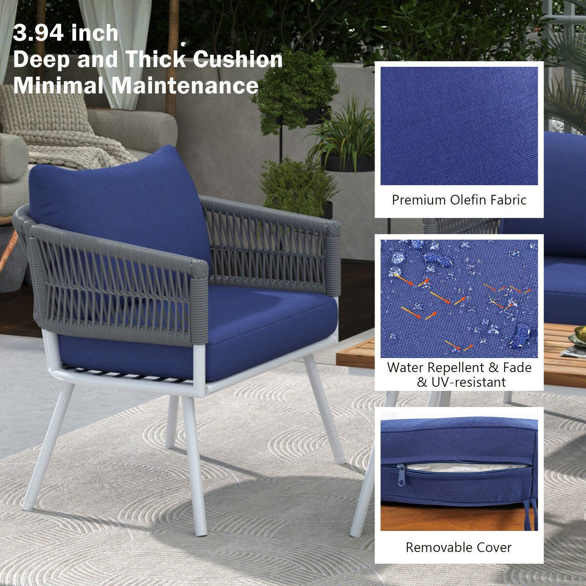 4-Piece Boho Sling Patio Conversation Set Outdoor Seating Set with Gray Cushions and Acacia Wood Coffee Table