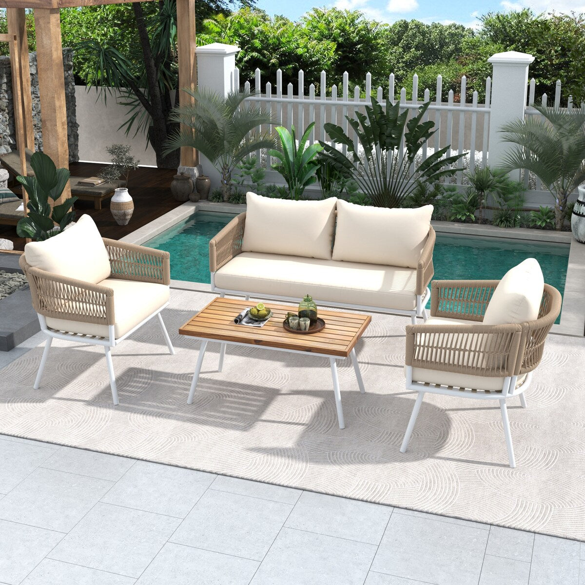 4-Piece Boho Sling Patio Conversation Set Outdoor Seating Set with Gray Cushions and Acacia Wood Coffee Table